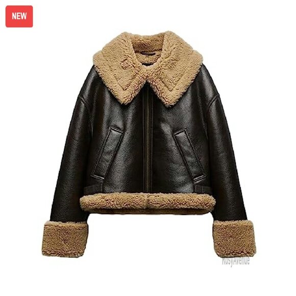 Large Faux Leather Biker Jacket with Sherpa Lining, Winter Coat - Picture 2 of 8